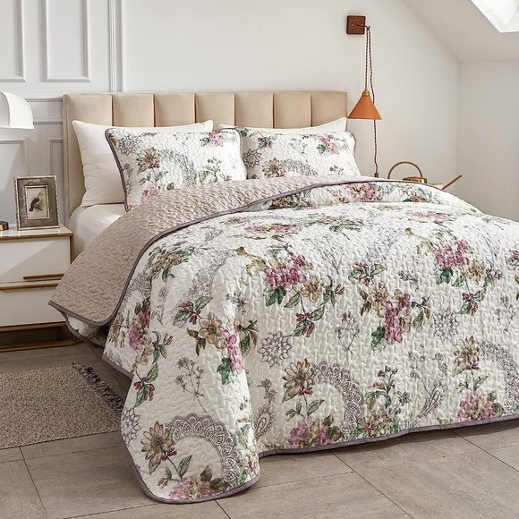 New Pink & Beige Floral 3-Piece 100% Polyester Quilt Set • Reversible • QUEEN - Picture 6 of 7
